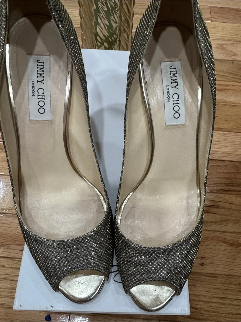 Jimmy Choo Gold Glitter Peep-Toe Heels